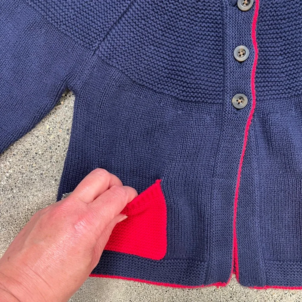 Hanna Andersson Kids Navy Blue Red Contrast Cotton Knit Cardigan Sweater 100